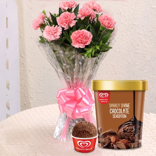 Charming Pink Carnation Bouquet with Kwality Walls Chocolate Ice Cream