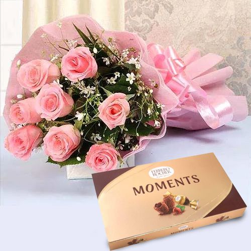 Elegant Pink Roses Bouquet with Ferrero Rocher Moment Chocolate Box