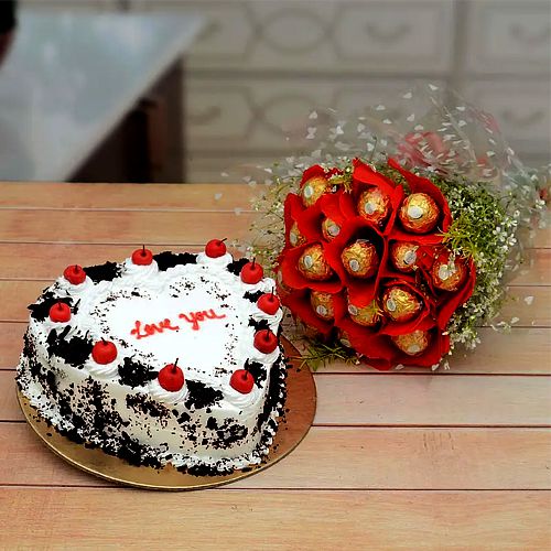 Remarkable Ferrero Rocher Bouquet with Black Forest Love Cake