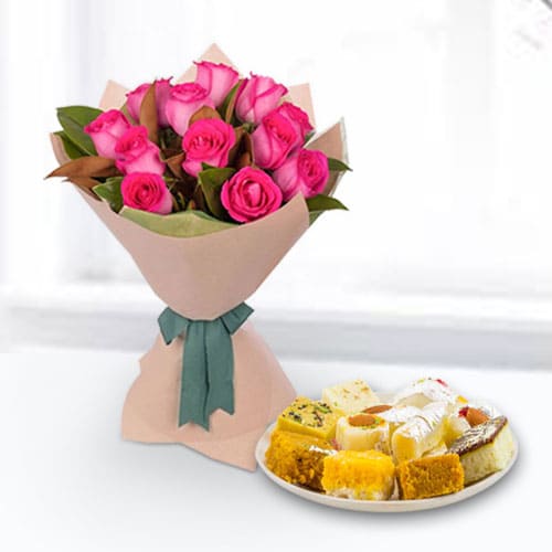 Pink Roses Bouquet with Mixed Sweets Box