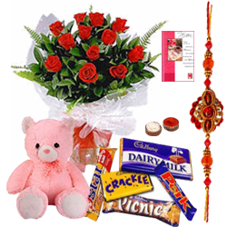 Stylish Compilation of Sweet Teddy Assorted Cadbury Chocolates N Red Rose Bunch with Free Rakhi Roli Tilak and Chawal for your Caring Brother