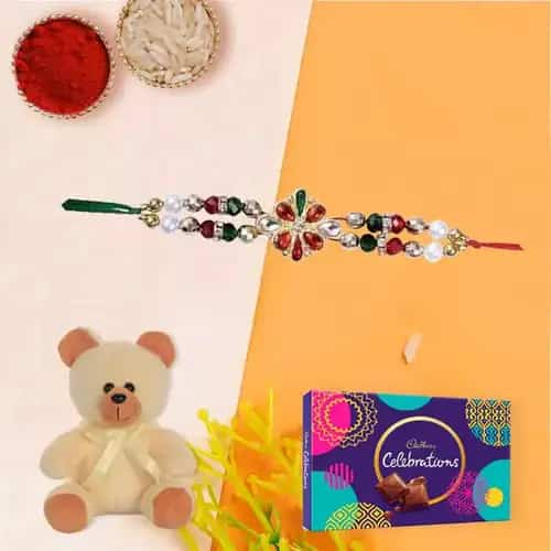 Sumptuous Display of Cadbury Celebration Chocolate and Lovely Teddy Bear with Free Rakhi Roli Tika and Chawal for Raksha Bandhan Festival