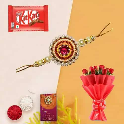 Wonderful Rakhi Selection Gift of Yellow Rose Bouquet and Kitkat Chocolate Pack with Rakhi Roli Tika and Chawal