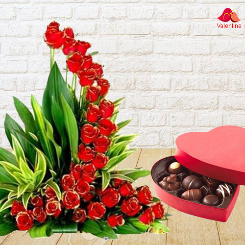 51 Exclusive Dutch Red Roses  Arrangement with Heart Shaped Chocolate Box