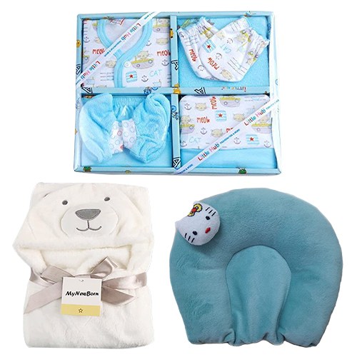 Exclusive Baby Dress Set with Wrapper Blanket N Neck Supporting Pillow Gift