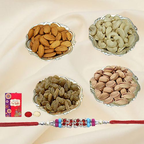 Breathtaking Display of Mixed Dry Fruits in Silver Plated Bowls with Free Rakhi Roli Tilak and Chawal for your Precious Brother on the Occasion of Rakhi