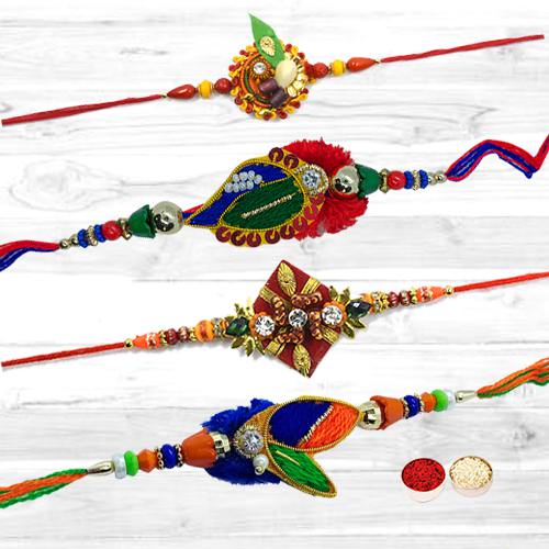 Mind Blowing Four Stylish Diamond Kundan Rakhis with Free Roli Tilak and Chawal for Rakhi Celebration