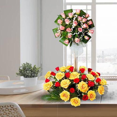 Blushing Mixed Roses in 2 Tier Arrangement