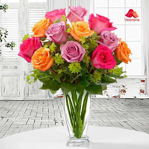 12 Assorted Colour Roses in Vase