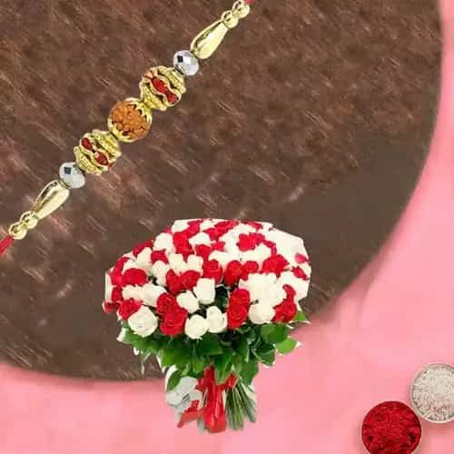 Glowing Marvel Red N White Roses Premium Bouquet with Rakhi