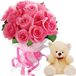 Combination of Pink Roses with Teddy