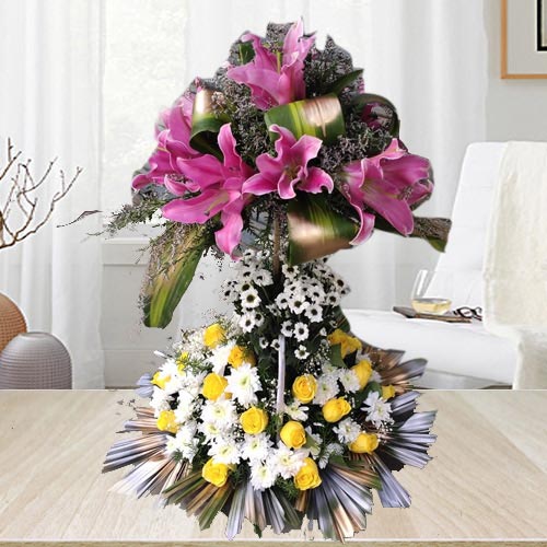 Double Deck Arrangement of Lilies Roses N Chrysanthemum