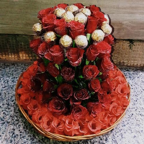Attractive 2 Tier Red Roses Basket N Ferrero Rocher V-day Gift Combo