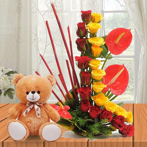 Lovely Anthodium N Roses Arrangement with Cute Teddy