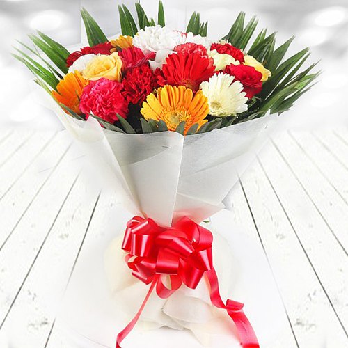 Exquisite Bouquet of Carnations N Gerberas with Roses
