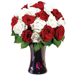 Awesome Red N White Roses in a Glass Vase