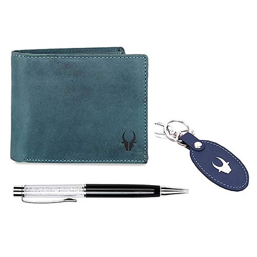 Stylish WildHorn Leather Mens Wallet with Keychain N Pen Set