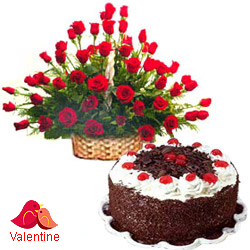 MidNight Delivery ::50 Exclusive  Dutch Red    Roses  with Black Forest cake 1 Kg from 5 star Hotel Bakery