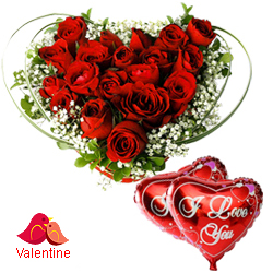 MidNight Delivery ::Dutch Red Roses in Heart Shape Arrangement with 2 Heart Shape Balloons