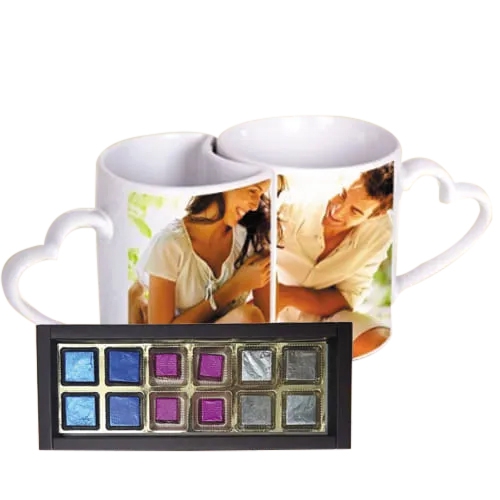 Amusing Personalized Heart Handle Couple Mug with Handmade Fruity Chocolates