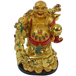 Extraordinary Standing Laughing Buddha Idol with a Bag of Gold