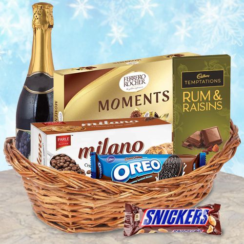 Classy Gift Basket Full of Choco Cookie Temptations with Fruit Wine