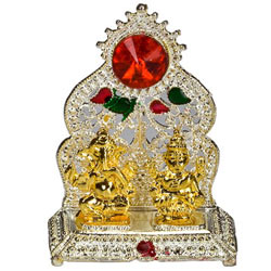 Silver Plated mandap with Golden Ganesh Laxmi Idol