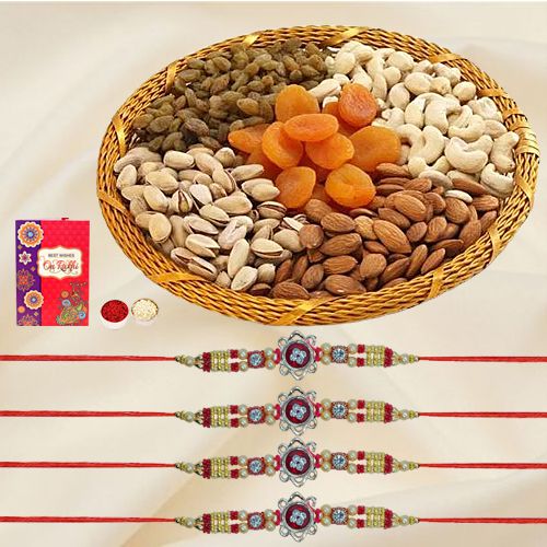 Classy Set of 4 Rakhis with Dry Fruit Basket Roli Tika n Card