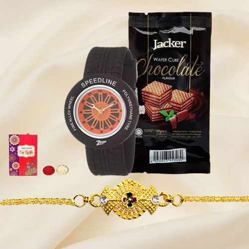 Classy Golden Bracelet Rakhi with Zoop Analog Watch N Jacker Wafer Cube
