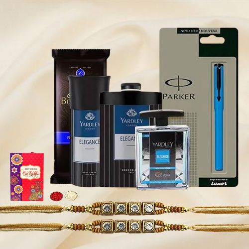 Designer Stone Rakhi with Thali Pen Chocolate N Yardley Grooming Kit