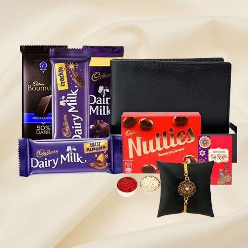 Cool Golden Rakhi with Mens Leather Wallet n Cadbury Chocolates