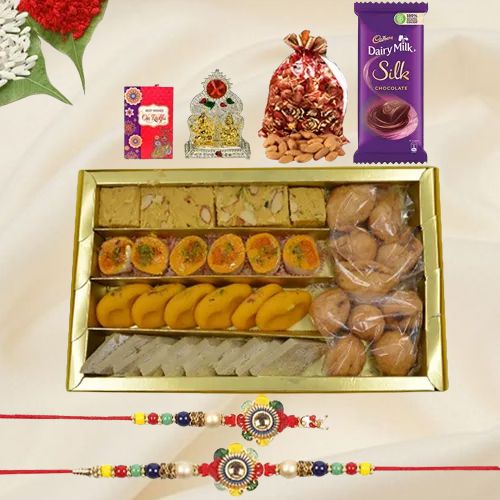 Attractive Bhaiya Bhabhi Rakhi with Sweets N Gifts Combo