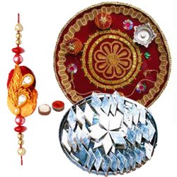 Trendsetting Selection of Haldirams Kaju Katli and Pooja Thali with Rakhi Roli Tilak and Chawal