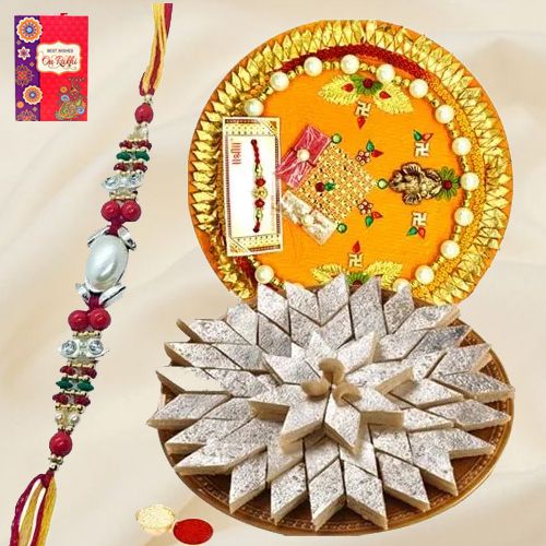 Wholesome Special Pack of Kaju Katli from Haldiram and Rakhi Thali with Free Rakhi Roli Tilak and Chawal on the Occasion of Rakhi