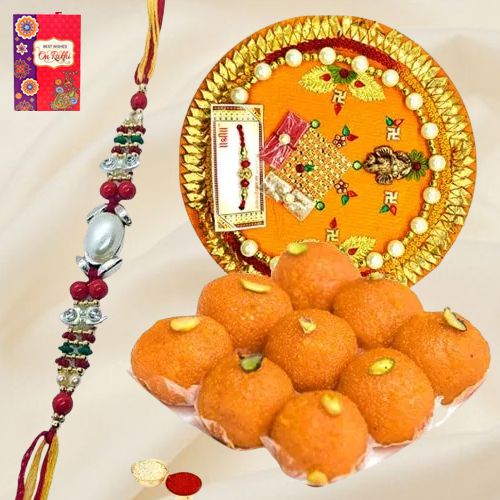 Arresting Rakhi Special Gift of Laddoo from Haldiram and Rakhi Thali along with Rakhi Roli Tilak and Chawal