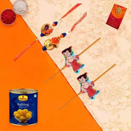 Lovely Family Rakhi Set N Haldirams Raj Bhog Free Roli Tika N Card