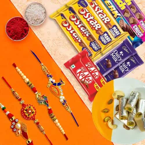 Delicious Dairy Milk Chocolates with Dry Fruits Boxes and Twin Rakhis