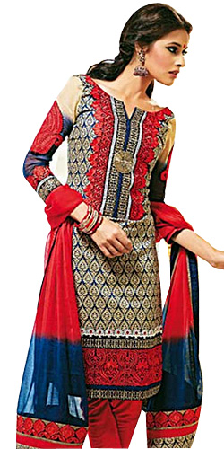 Designer Shobhas Black and Red Salwar Kameez of Cotton and Chiffon