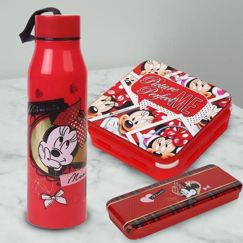 Marvelous Combo of Minnie Mouse Sipper Bottle Pencil n Tiffin Box