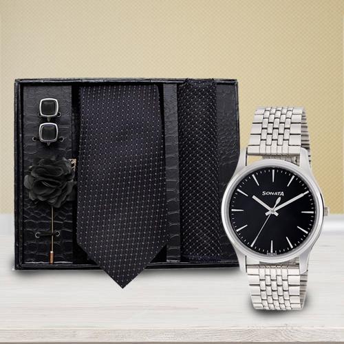 Amazing Sonata Analog Watch N Neck Tie with Cufflinks