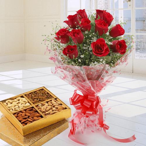 Red Rose Bouquet with Mixed Dry Fruits