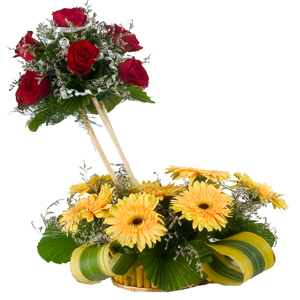 Stunning 7 Roses and 8 Gerberas Designer Arrangement with Bountiful Joys